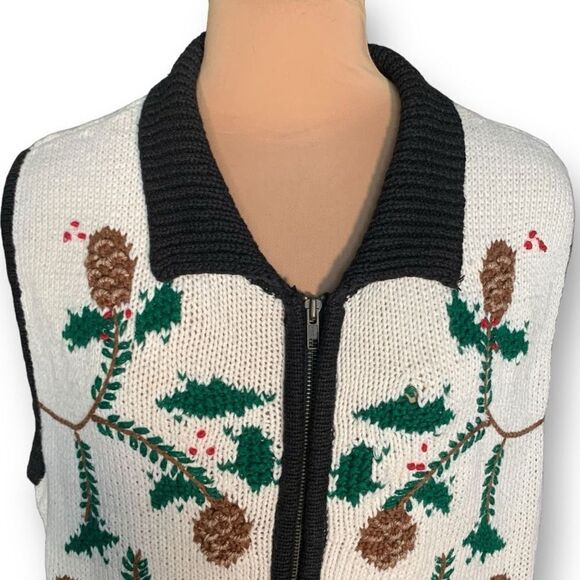 Vintage Bechamel Printed Knit Sweater Vest Winter Pine Cone Knit Sweater Zip Up - Picture 2 of 11